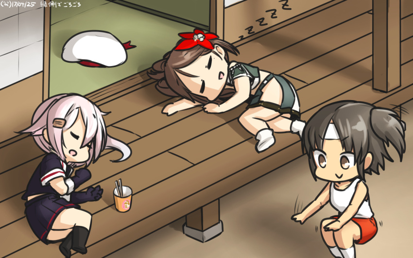 3girls amagi_(kantai_collection) amagi_pose architecture bangs black_serafuku blue_hair brown_eyes brown_hair closed_eyes commentary crop_top dated east_asian_architecture flower food gloves gradient_hair gym_uniform hair_flower hair_ornament hamu_koutarou harusame_(kantai_collection) hat hat_removed headwear_removed highres hip_vent kantai_collection long_hair midriff miniskirt multicolored_hair multiple_girls nagara_(kantai_collection) noodles one_side_up open_mouth parted_bangs pink_hair ponytail red_shorts remodel_(kantai_collection) school_uniform serafuku serious short_ponytail short_sleeves shorts side_ponytail signature skirt sleeping sliding_doors tank_top tatami thigh-highs thighs wooden_floor zzz