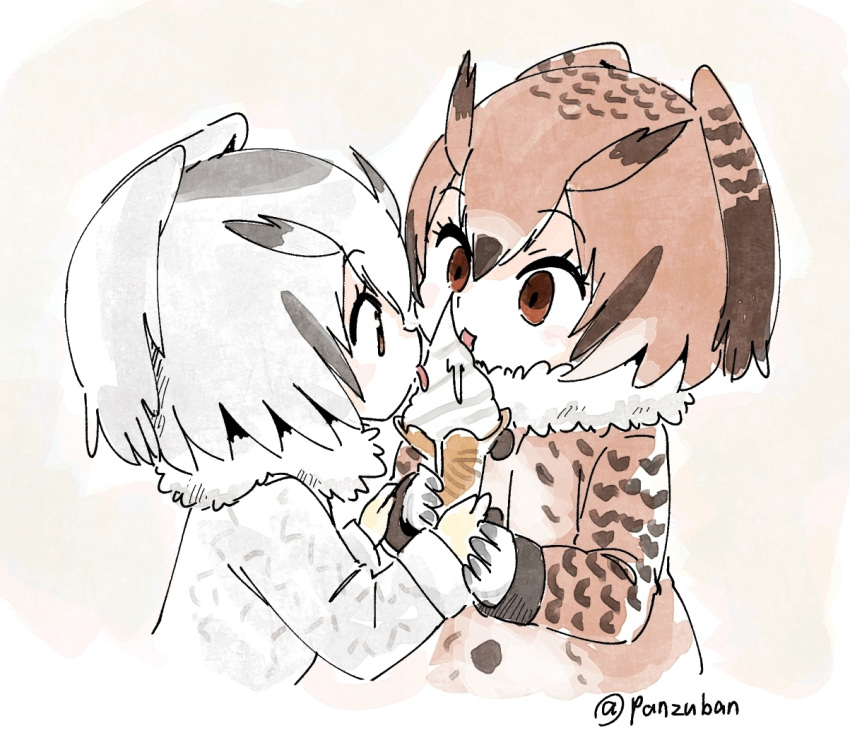 2girls brown_coat brown_eyes brown_hair coat commentary eating eurasian_eagle_owl_(kemono_friends) eyebrows_visible_through_hair food fur_collar gloves grey_coat grey_hair hair_between_eyes hands_together head_wings holding holding_food ice_cream ice_cream_cone kemono_friends licking long_sleeves multicolored_hair multiple_girls northern_white-faced_owl_(kemono_friends) panzuban sharing_food short_hair tongue tongue_out twitter_username upper_body white_gloves white_hair
