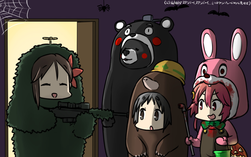 3girls amagi_(kantai_collection) animalization bear black_eyes black_hair brown_hair bunny_hair_ornament bush call_of_duty call_of_duty_4 camouflage captain_macmillan captain_macmillan_(cosplay) closed_eyes commentary_request cosplay crescent crescent_hair_ornament disguise flower ghillie_suit gun hair_between_eyes hair_flower hair_ornament halloween hamu_koutarou highres kantai_collection kumamon kumamon_(cosplay) kumano_(kantai_collection) light_smile looking_at_viewer maru-yu_(kantai_collection) mole mole_(animal) mole_under_eye multiple_girls open_door pink_eyes pink_hair ponytail rifle robbie_the_rabbit robbie_the_rabbit_(cosplay) silent_hill_3 smile sniper_rifle uzuki_(kantai_collection) weapon