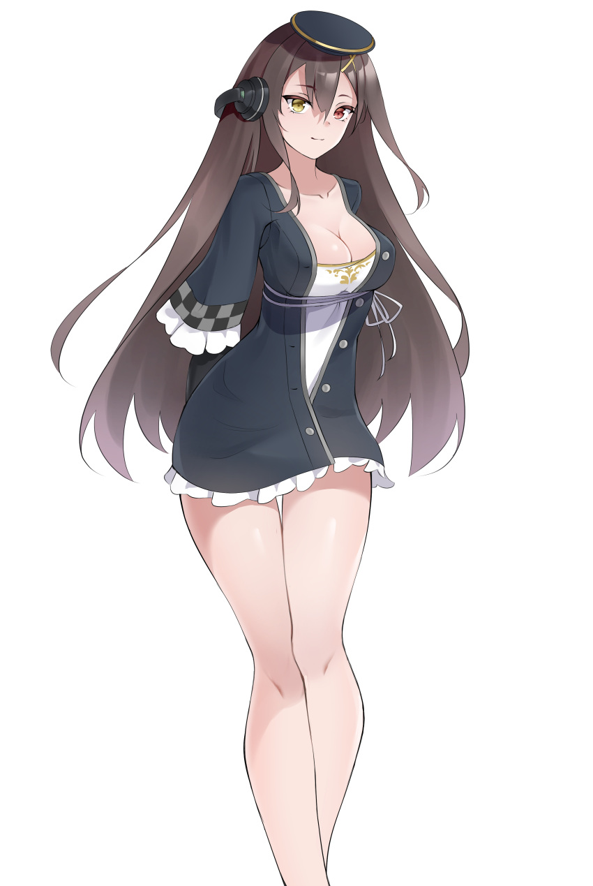 1girl absurdres breasts brown_eyes brown_hair cleavage frills girls_frontline hat headphones heterochromia highres legs looking_at_viewer m1014_(girls_frontline) misaki159123 smile yellow_eyes