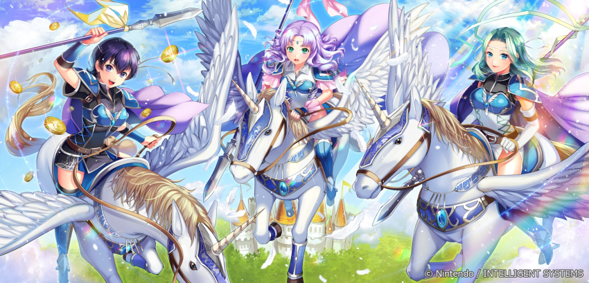 3girls armor bangs belt blue_hair breastplate castle circlet closed_mouth clouds cloudy_sky dress elbow_gloves farina_(fire_emblem) feathered_wings feathers fiora fire_emblem fire_emblem:_rekka_no_ken fire_emblem_cipher florina gloves gold green_eyes headband highres holding holding_weapon horn lavender_hair long_hair looking_at_viewer matsurika_youko multiple_girls open_mouth outdoors pegasus_knight polearm shiny short_dress short_hair short_sleeves shoulder_armor shoulder_pads siblings sisters sky smile spear sunlight thigh-highs violet_eyes weapon wings zettai_ryouiki