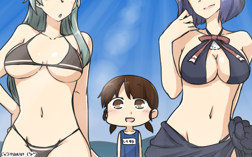 3girls :d arms_behind_back bikini black_bikini blood blue_sky blush breast_awe breasts brown_eyes brown_hair commentary dated day drooling green_hair halterneck hamu_koutarou hand_on_hip highres kantai_collection large_breasts long_hair low_twintails multiple_girls name_tag navel nosebleed one-piece_swimsuit open_mouth out_of_frame purple_hair saliva sarong school_swimsuit shirayuki_(kantai_collection) short_twintails sky smile sparkling_eyes suzuya_(kantai_collection) swimsuit tatsuta_(kantai_collection) twintails under_boob