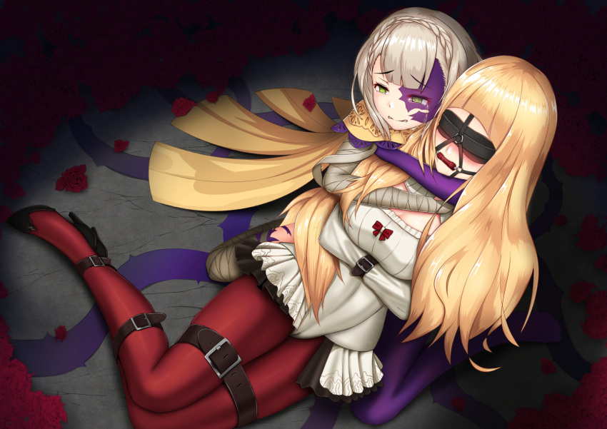 2girls bandage belt belt_buckle bit_gag blindfold blonde_hair bound bound_arms bound_legs briar_rose_(sinoalice) buckle crying damao_yu dark_persona eyebrows_visible_through_hair flower gag green_eyes half-nightmare high_heels highres hug little_red_riding_hood_(sinoalice) long_hair multicolored multicolored_skin multiple_girls pantyhose platinum_blonde rose sad short_hair sinoalice straitjacket tied_up