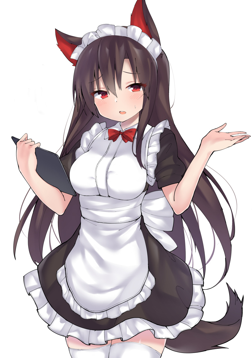 1girl absurdres alternate_costume amashi_(qcmrq906) animal_ears apron black_dress blush bow bowtie breasts brown_hair commentary_request cowboy_shot dress enmaided eyebrows_visible_through_hair frilled_apron frills hair_between_eyes hands_up highres holding holding_tray imaizumi_kagerou long_hair looking_at_viewer maid maid_apron maid_headdress medium_breasts open_mouth petticoat puffy_short_sleeves puffy_sleeves red_bow red_eyes red_neckwear short_sleeves simple_background solo sweatdrop tail thigh-highs touhou tray very_long_hair white_apron white_background white_legwear wolf_ears wolf_tail zettai_ryouiki