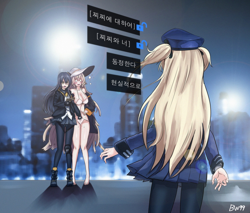 3girls bikini blonde_hair breasts brown_hair cleavage commentary commentary_request detroit:_become_human girls_frontline gun handgun hat highres jacket korean large_breasts long_hair multiple_girls o_o pantyhose pistol police_hat side_ponytail signature skirt sun_hat super_shorty_(girls_frontline) swimsuit translation_request ump45_(girls_frontline) user_vmdj3244 very_long_hair weapon