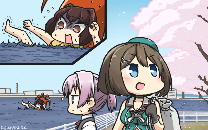 3girls :d beret black_gloves blue_eyes brown_eyes brown_hair cherry_blossoms commentary cramp dated gloves grey_vest hair_ornament hamu_koutarou hat highres ise_(kantai_collection) kantai_collection maya_(kantai_collection) multiple_girls open_mouth petals pink_hair ponytail remodel_(kantai_collection) shiranui_(kantai_collection) shirt short_hair sleeveless smile vest white_shirt x_hair_ornament