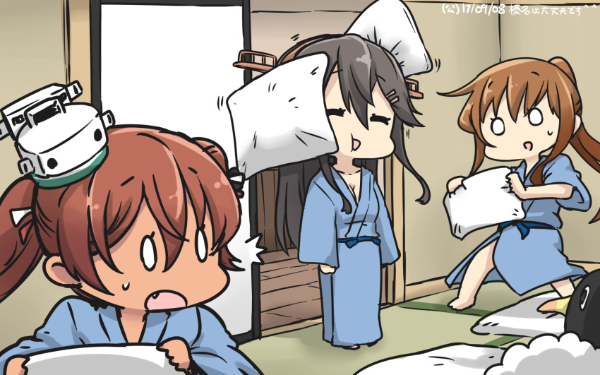 0_0 3girls :o alternate_costume bath_yukata black_hair brown_hair closed_eyes commentary_request dated failure_penguin fang fumizuki_(kantai_collection) hair_ornament hamu_koutarou haruna_(kantai_collection) headgear highres indoors japanese_clothes kantai_collection kimono libeccio_(kantai_collection) long_hair miss_cloud multiple_girls o_o pillow pillow_fight ponytail remodel_(kantai_collection) tatami twintails yukata