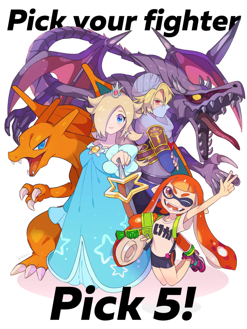 alien bangs bike_shorts black_shorts blonde_hair blue_eyes blunt_bangs claws crown domino_mask dress earrings fangs hair_over_one_eye highres inkling jewelry long_hair looking_at_viewer super_mario_bros. mask metroid monster pointy_ears princess_daisy ridley rosetta_(mario) sharp_teeth sheik short_hair shorts simple_background smile splatoon splatoon_1 squid super_mario_bros. super_mario_galaxy super_smash_bros. tail teeth tentacle_hair the_legend_of_zelda the_legend_of_zelda:_ocarina_of_time tiara topknot weapon wings yasaikakiage yellow_eyes