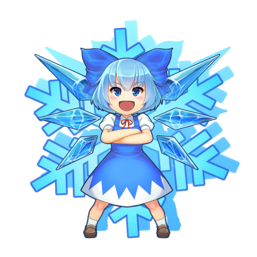 1girl blue_eyes blue_hair bow brown_footwear chibi cirno crossed_arms hair_bow highres ice ice_wings kkommy open_mouth shoes short_sleeves skirt smile snowflakes socks standing touhou v-shaped_eyebrows wings