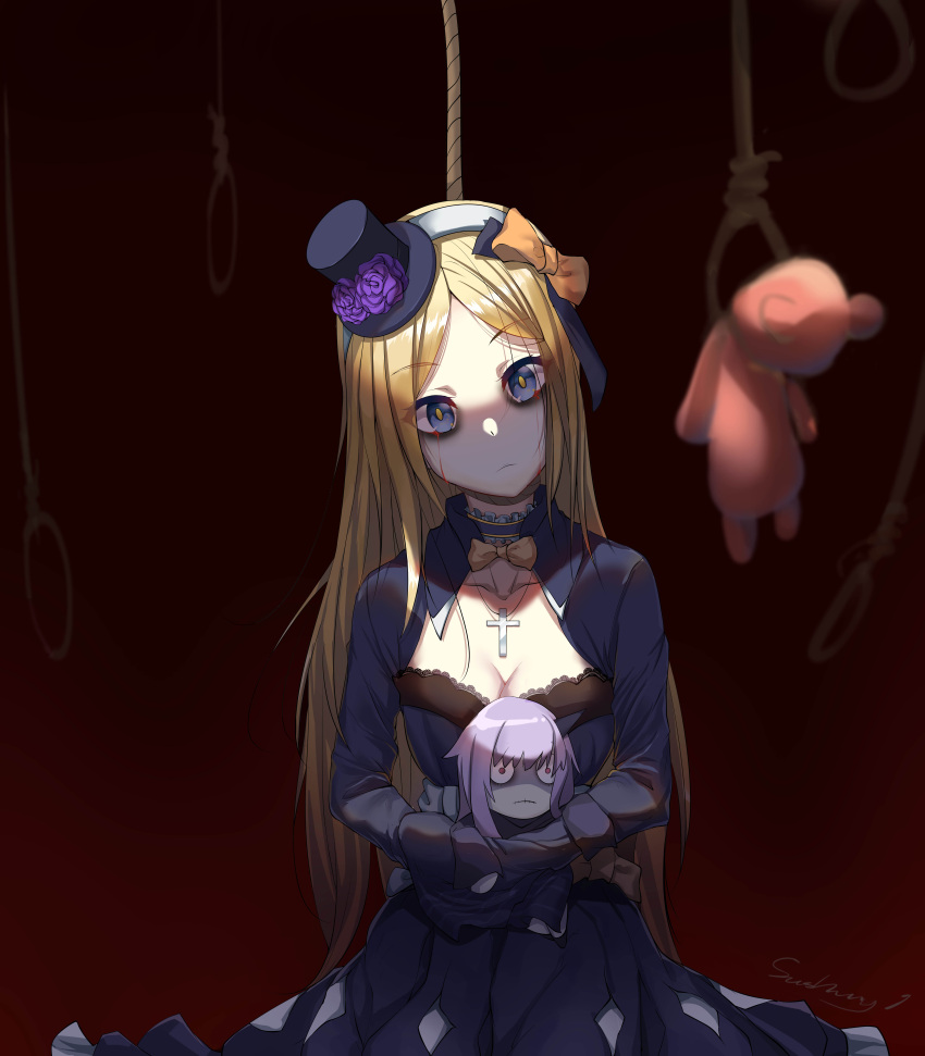 1girl abigail_williams_(fate/grand_order) absurdres black_dress blonde_hair blood bloody_tears blue_eyes bow breasts cleavage commentary_request cross dress fate/grand_order fate_(series) hat highres kaer_sasi_dianxia long_hair looking_back orange_bow pixiv_fate/grand_order_contest_2 rope rope_around_neck signature small_breasts stuffed_animal stuffed_toy teddy_bear
