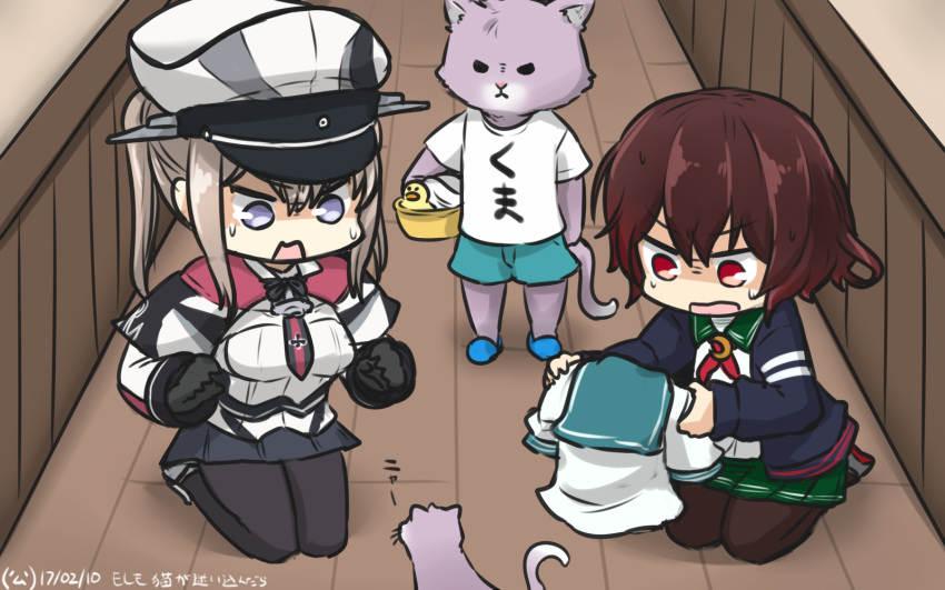 2girls animalization blonde_hair brown_hair capelet cat commentary dated gloves graf_zeppelin_(kantai_collection) hamu_koutarou hat highres kantai_collection military military_hat military_uniform multiple_girls mutsuki_(kantai_collection) pantyhose peaked_cap red_eyes remodel_(kantai_collection) rubber_duck school_uniform serafuku short_hair sidelocks tama_(kantai_collection) uniform