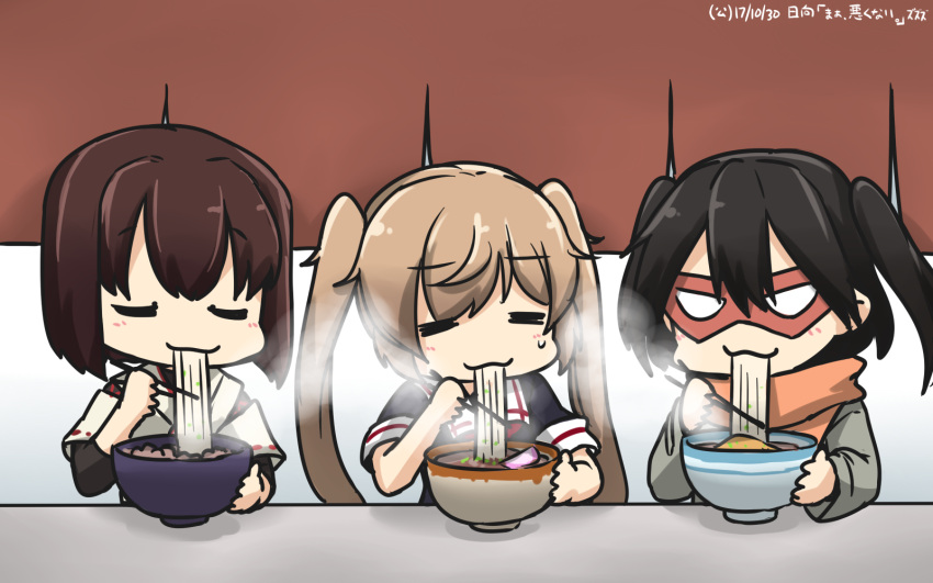 3girls black_hair black_serafuku brown_hair chopsticks closed_eyes commentary eating eyebrows_visible_through_hair food grey_jacket hair_between_eyes hamu_koutarou highres holding holding_chopsticks hyuuga_(kantai_collection) jacket japanese_clothes kantai_collection light_brown_hair long_hair long_sleeves multiple_girls murasame_(kantai_collection) noodles orange_scarf ramen scarf school_uniform sendai_(kantai_collection) serafuku short_hair short_sleeves smile twintails two_side_up undershirt