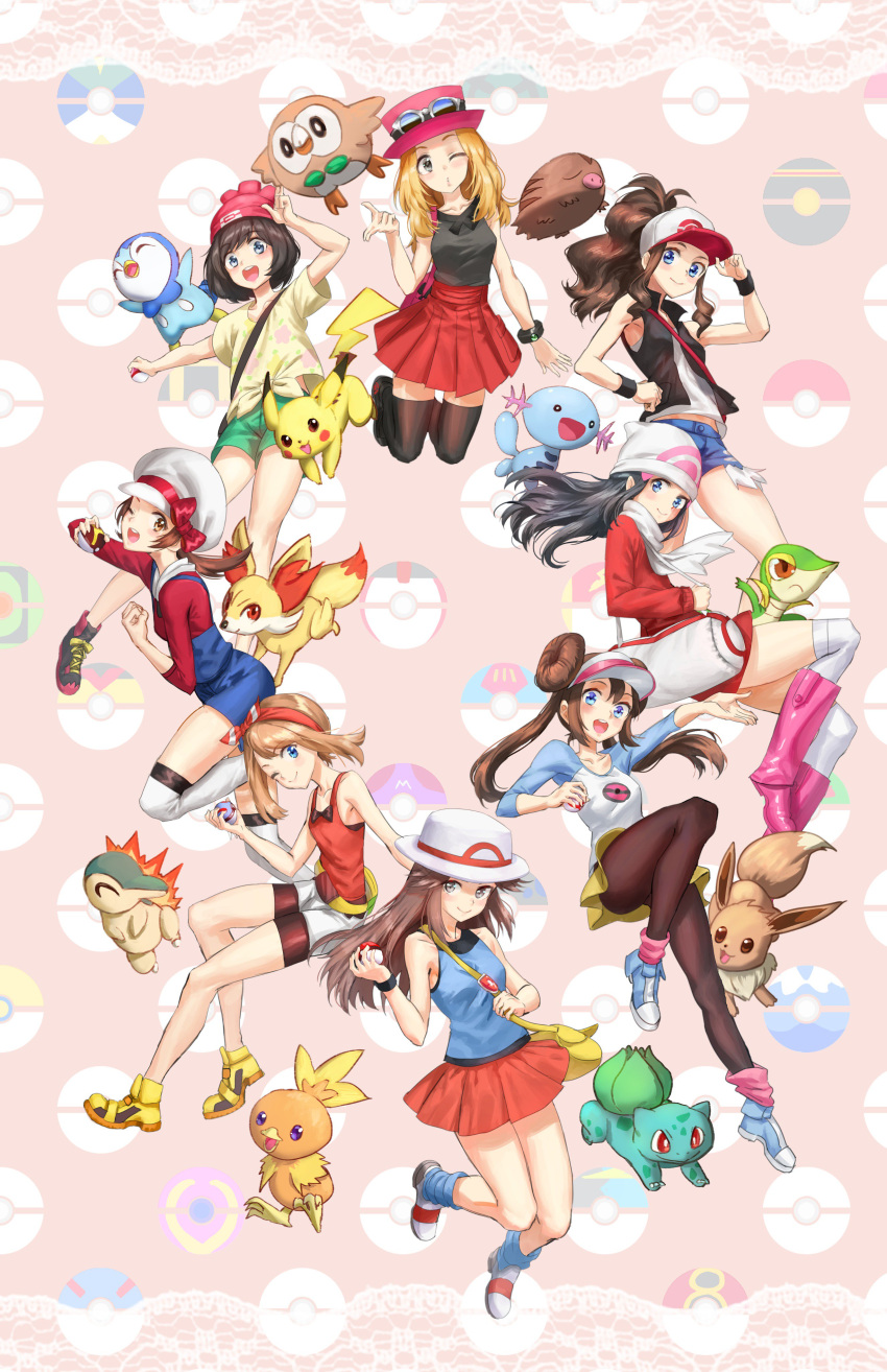 absurdres athenawyrm bag bare_shoulders baseball_cap beanie blonde_hair blue_(pokemon) blush breasts brown_hair collarbone dress eevee eyewear_on_head gen_1_pokemon gen_2_pokemon gen_3_pokemon gen_4_pokemon gen_5_pokemon gen_6_pokemon gen_7_pokemon gloves green_eyes green_shorts handbag haruka_(pokemon) hat highres hikari_(pokemon) holding holding_poke_ball kotone_(pokemon) long_hair looking_at_viewer mei_(pokemon) mizuki_(pokemon) pikachu pleated_skirt poke_ball pokemon pokemon_(anime) pokemon_(creature) pokemon_(game) pokemon_bw pokemon_bw2 pokemon_dppt pokemon_emerald pokemon_frlg pokemon_gsc pokemon_hgss pokemon_rgby pokemon_rse pokemon_sm pokemon_special pokemon_xy pokemon_xy_(anime) porkpie_hat red_hat rowlet serena_(pokemon) shirt shorts skirt sleeveless sleeveless_duster sleeveless_shirt smile sunglasses tied_shirt touko_(pokemon) wristband z-ring