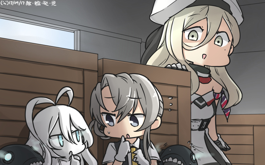 3girls :d ahoge armband beret black_vest blonde_hair blouse blue_eyes dated dress gloves grey_eyes hair_between_eyes hamu_koutarou hat highres huge_ahoge i-class_destroyer kantai_collection long_hair mole mole_under_eye multicolored multicolored_clothes multicolored_gloves multiple_girls necktie nowaki_(kantai_collection) open_mouth richelieu_(kantai_collection) shinkaisei-kan short_sleeves silver_hair smile strapless strapless_dress submarine_new_hime vest white_blouse white_gloves yellow_eyes yellow_neckwear