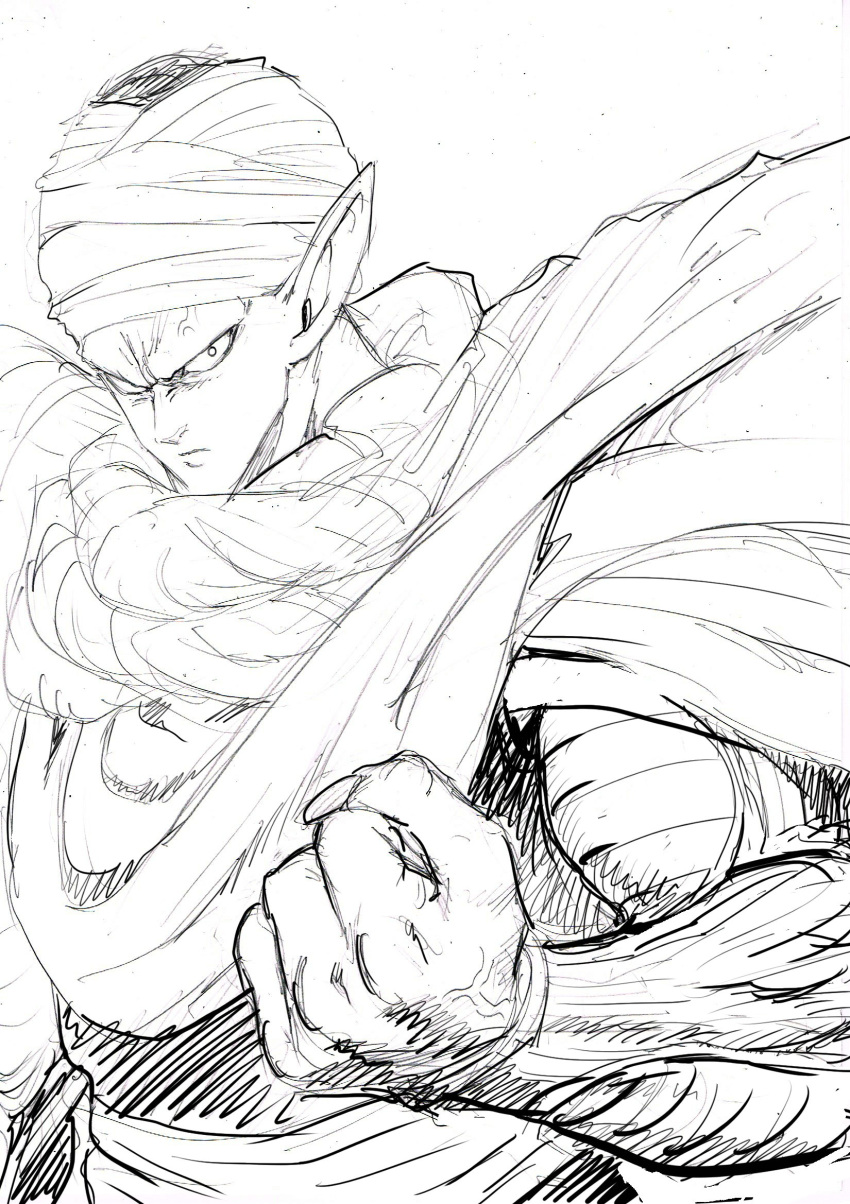 1boy cape clenched_hand commentary_request dragon_ball dragonball_z fighting_stance frown greyscale highres looking_at_viewer male_focus monochrome murata_yuusuke piccolo pointy_ears serious simple_background turban upper_body veins white_background