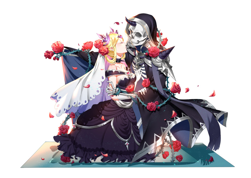 1girl absurdres bare_shoulders black_dress black_robes boku_koyuki_mx breasts bridal_gauntlets choker cleavage closed_eyes dress facing_another flower hair_flower hair_ornament hair_rings hand_on_another's_chest highres horn medium_breasts official_art petals robe rose shoulder_spikes skeleton spiked_choker spikes standing thorns white_background