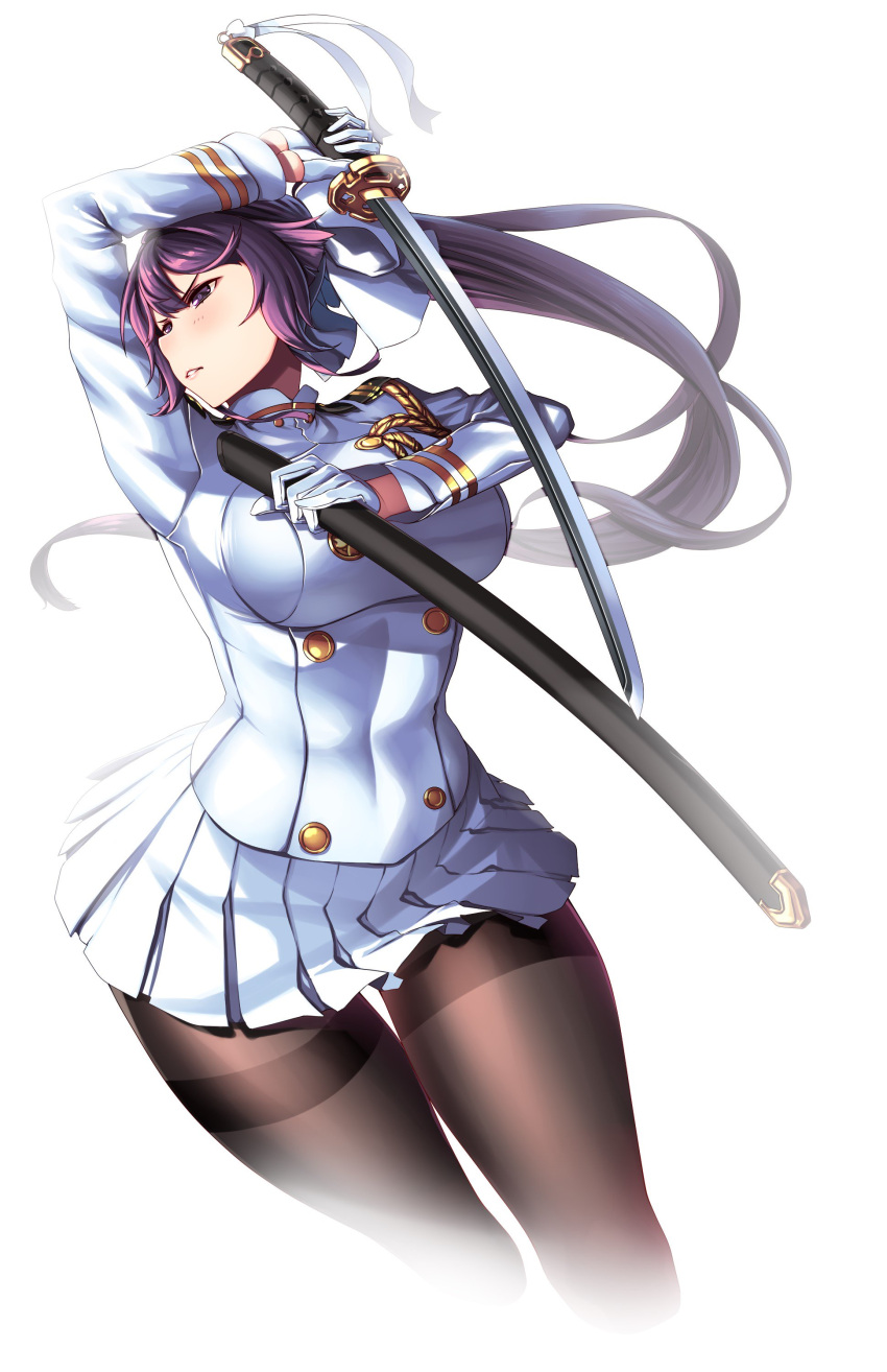 1girl absurdres azur_lane bangs black_hair black_legwear blush bow breasts brown_eyes floating_hair gloves hair_bow hair_flaps half-closed_eyes half_gloves hiememiko highres holding holding_sheath holding_sword holding_weapon jacket katana large_breasts long_hair military military_uniform miniskirt pantyhose parted_lips pleated_skirt ponytail ribbon sheath simple_background skirt solo sword takao_(azur_lane) thighband_pantyhose uniform very_long_hair weapon white_background white_bow white_gloves white_jacket white_ribbon white_skirt