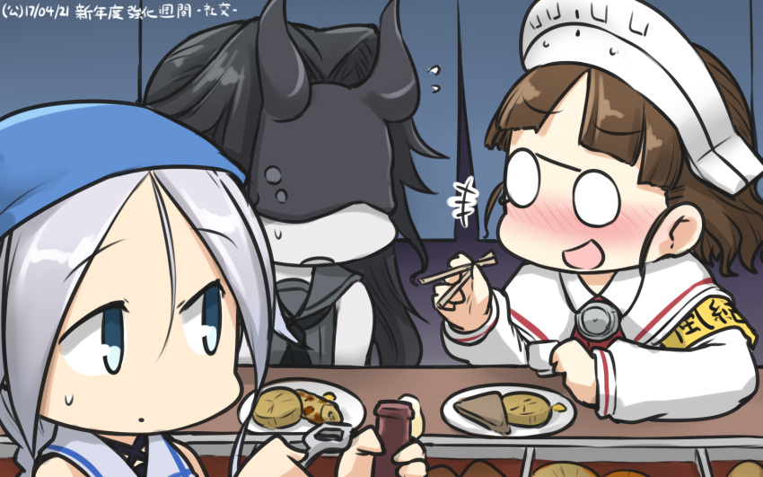 +++ 3girls :d armband bangs black_hair blunt_bangs blush braid brown_hair capelet chikuwa choko_(cup) chopsticks commentary cup daikon dated drunk flying_sweatdrops food glasses hamu_koutarou head_scarf headdress highres horns kantai_collection konnyaku_(food) light_cruiser_hime long_hair mask multiple_girls nose_blush oden open_mouth pale_skin pince-nez roma_(kantai_collection) sailor_collar shinkaisei-kan silver_hair sleeveless smile sweatdrop umikaze_(kantai_collection)