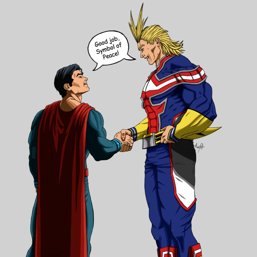 2boys all_might analeticia2017-cm black_hair blonde_hair blue_eyes boku_no_hero_academia crossover dc_comics handshake highres huge_filesize male_focus multiple_boys smile superhero superman superman_(series)