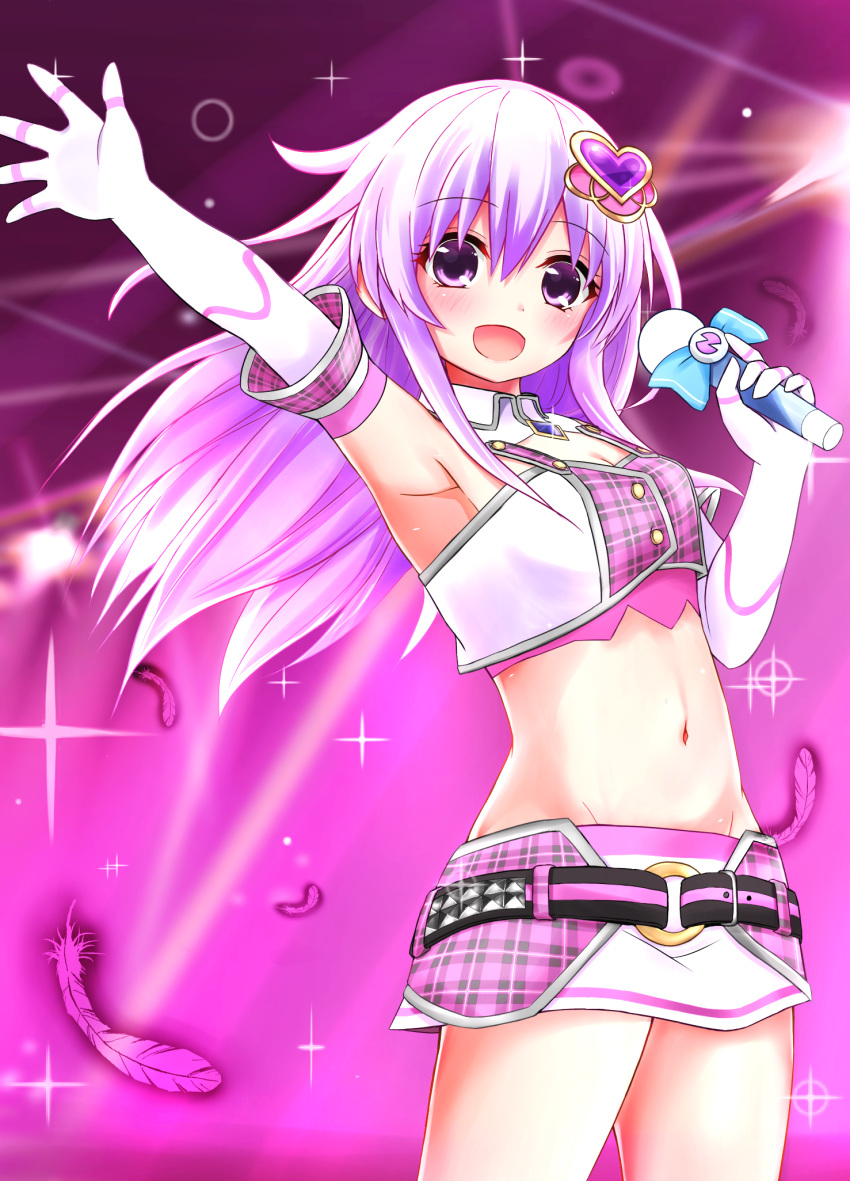 1girl :d bare_shoulders blush breasts checkered cleavage cleavage_cutout commentary commentary_request cowboy_shot crop_top detached_sleeves ex_idol feathers gloves groin hair_between_eyes hair_ornament heart heart_hair_ornament highres holding holding_microphone idol long_hair looking_at_viewer microphone midriff navel nepgear neptune_(series) open_mouth outstretched_arm purple_background purple_hair small_breasts smile solo violet_eyes white_gloves