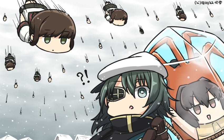 !? 6+girls black_skirt blizzard brown_eyes brown_gloves brown_hair cape clone commentary dated eyebrows_visible_through_hair eyepatch falling frozen fubuki_(kantai_collection) gloves green_eyes green_hair hair_between_eyes hamu_koutarou hat highres ise_(kantai_collection) kantai_collection kiso_(kantai_collection) lobster lobster_costume multiple_girls object_namesake remodel_(kantai_collection) sailor_hat short_hair short_sleeves skirt too_literal white_hat