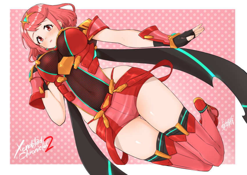 1girl armor bangs blush breasts covered_navel crotchless_pants earrings fingerless_gloves gloves hair_ornament pyra_(xenoblade) jewelry large_breasts looking_at_viewer red_eyes red_shorts redhead short_hair shorts shoulder_armor sidelocks simple_background solo swept_bangs takuji_yuusaku tiara xenoblade_(series) xenoblade_2