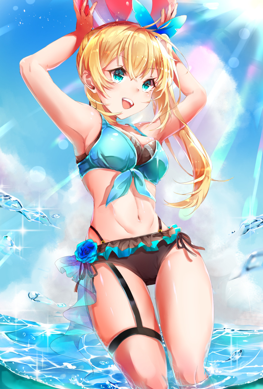 1girl armpits arms_up ball bangs bare_shoulders beachball bikini black_bikini blonde_hair blue_eyes breasts cleavage clouds cloudy_sky cowboy_shot day eyebrows_visible_through_hair hair_ornament highres holding lens_flare long_hair looking_away mirai_akari mirai_akari_project navel open_mouth outdoors partially_submerged ribbon round_teeth side-tie_bikini side_ponytail sky smile solo standing sunlight swimsuit teeth thigh_strap virtual_youtuber wading water