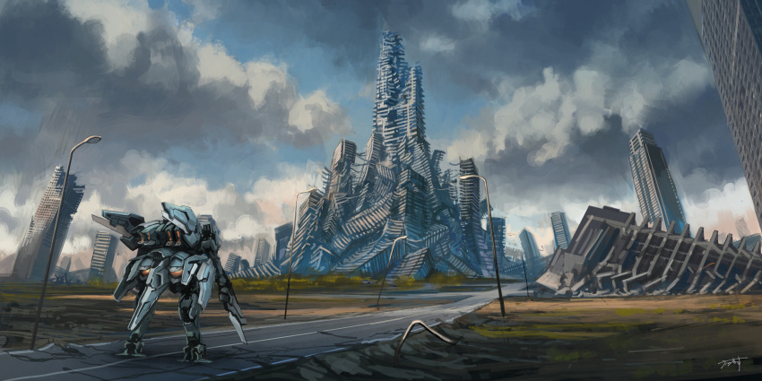 absurdres building city clouds commentary gun highres intersection karamas lamppost mecha no_humans original outdoors realistic road ruins scenery science_fiction signature sky sword weapon