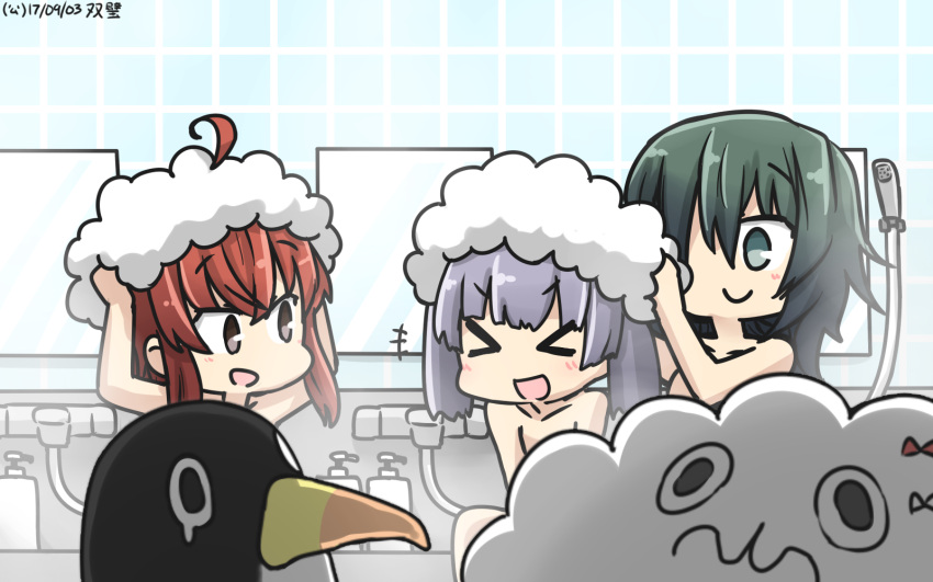 &gt;_&lt; 3girls :d ahoge arashi_(kantai_collection) brown_eyes commentary convenient_censoring dated failure_penguin green_eyes green_hair grey_hair hair_over_one_eye hamu_koutarou highres indoors kantai_collection kiso_(kantai_collection) mirror miss_cloud multiple_girls nude ooshio_(kantai_collection) open_mouth redhead smile tile_wall tiles v-shaped_eyebrows washing_hair