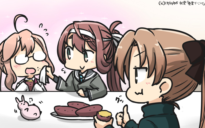 3girls :d ahoge akigumo_(kantai_collection) asagumo_(kantai_collection) blue_neckwear brown_eyes brown_hair commentary dated flying_sweatdrops food food_on_face glasses hamu_koutarou highres holding holding_food kantai_collection long_hair long_sleeves makigumo_(kantai_collection) multiple_girls necktie open_mouth pink_hair ponytail rabbit shirt sleeves_past_wrists smile sweet_potato thumbs_up white_shirt wiping_mouth