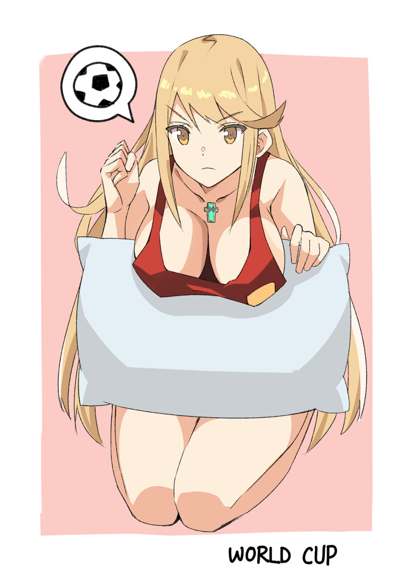 1girl 2018_fifa_world_cup ball bangs bare_shoulders blonde_hair breasts cleavage collarbone half-closed_eyes highres mythra_(xenoblade) j@ck kneeling large_breasts long_hair pillow soccer soccer_ball swept_bangs tank_top thought_bubble very_long_hair world_cup xenoblade_(series) xenoblade_2
