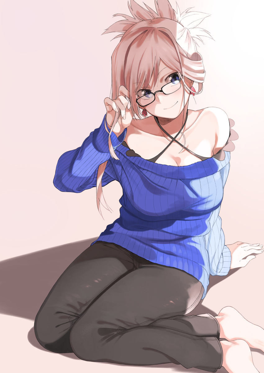 1girl absurdres amu_(258shin) arm_support arm_up bangs bare_shoulders barefoot bespectacled black-framed_eyewear black_pants blue_eyes blue_sweater breasts cleavage closed_mouth collarbone commentary criss-cross_halter earrings eyebrows_visible_through_hair fate/grand_order fate_(series) fingernails folded_ponytail glasses hair_between_eyes halter_top halterneck head_tilt highres holding holding_hair jewelry leaf_earrings light long_hair long_sleeves looking_at_viewer medium_breasts miyamoto_musashi_(fate/grand_order) off_shoulder pants parted_bangs pink_background pink_hair ribbed_sweater shadow simple_background sitting smile solo sweater yokozuwari