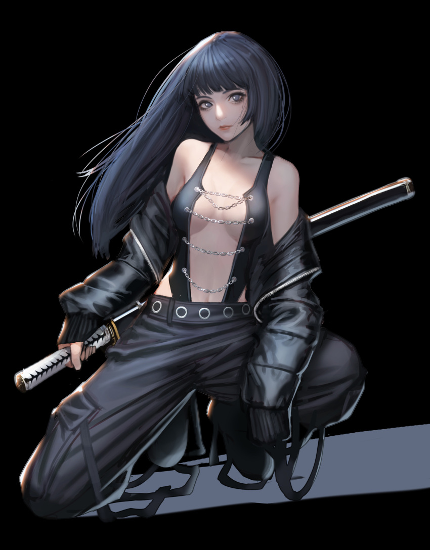 1girl absurdres bangs bare_shoulders black_background black_hair black_jacket black_pants blunt_bangs breasts breasts_apart chains closed_mouth collarbone commentary english_commentary highres holding holding_sword holding_weapon jacket jungon_kim kneeling long_hair long_sleeves looking_at_viewer medium_breasts one_knee open_clothes open_jacket original pants solo sword violet_eyes weapon zipper