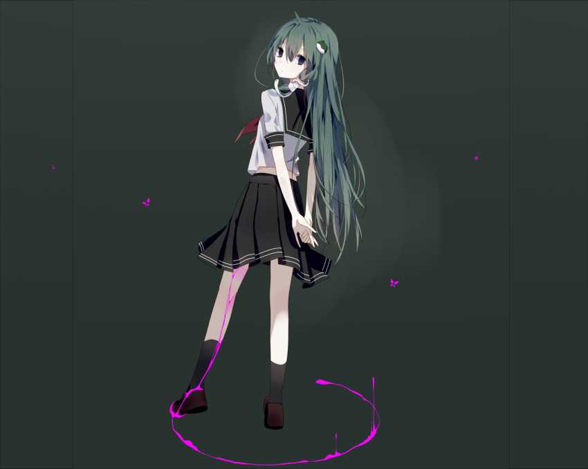 1girl arms_behind_back black_eyes black_legwear black_skirt chokie expressionless frog_hair_ornament full_body green_hair hair_ornament kochiya_sanae long_hair looking_at_viewer school_uniform shirt skirt snake_hair_ornament solo standing touhou