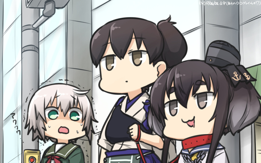 3girls black_hair brown_hair collar commentary dated dog_collar drooling green_jacket hamu_koutarou highres jacket kaga_(kantai_collection) kantai_collection long_hair messy_hair multiple_girls muneate open_mouth school_uniform serafuku shaded_face shimushu_(kantai_collection) short_hair short_hair_with_long_locks side_ponytail sidelocks tasuki tokitsukaze_(kantai_collection) trembling