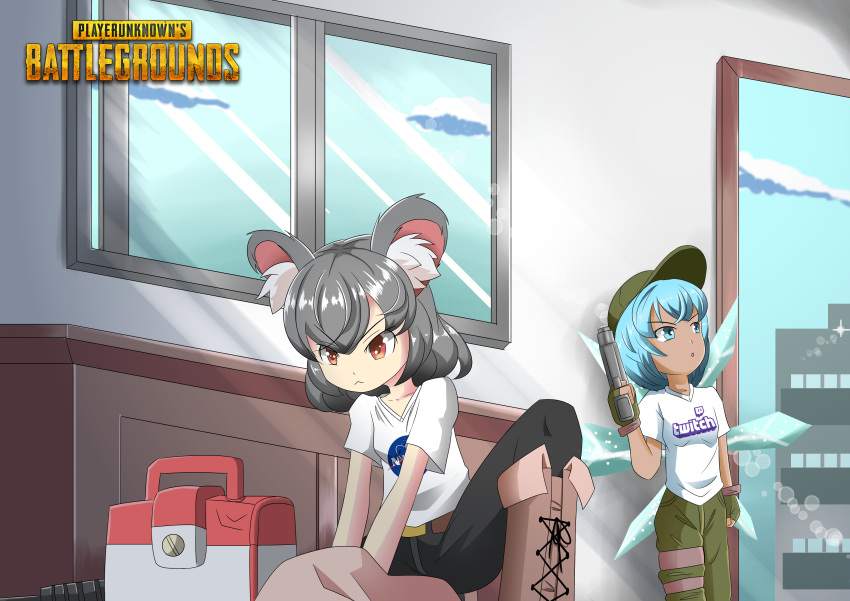 2girls absurdres animal_ears bags_under_eyes blue_hair boots building cirno contemporary cross-laced_footwear fingerless_gloves gloves grey_hair gun handgun hiding highres holding holding_gun holding_weapon ice ice_wings lace-up_boots logo mouse_ears multiple_girls nasa_logo nazrin pants pistol playerunknown's_battlegrounds rivia shirt t-shirt taking_cover tan tanned_cirno touhou twitch.tv v-shaped_eyebrows weapon window wings