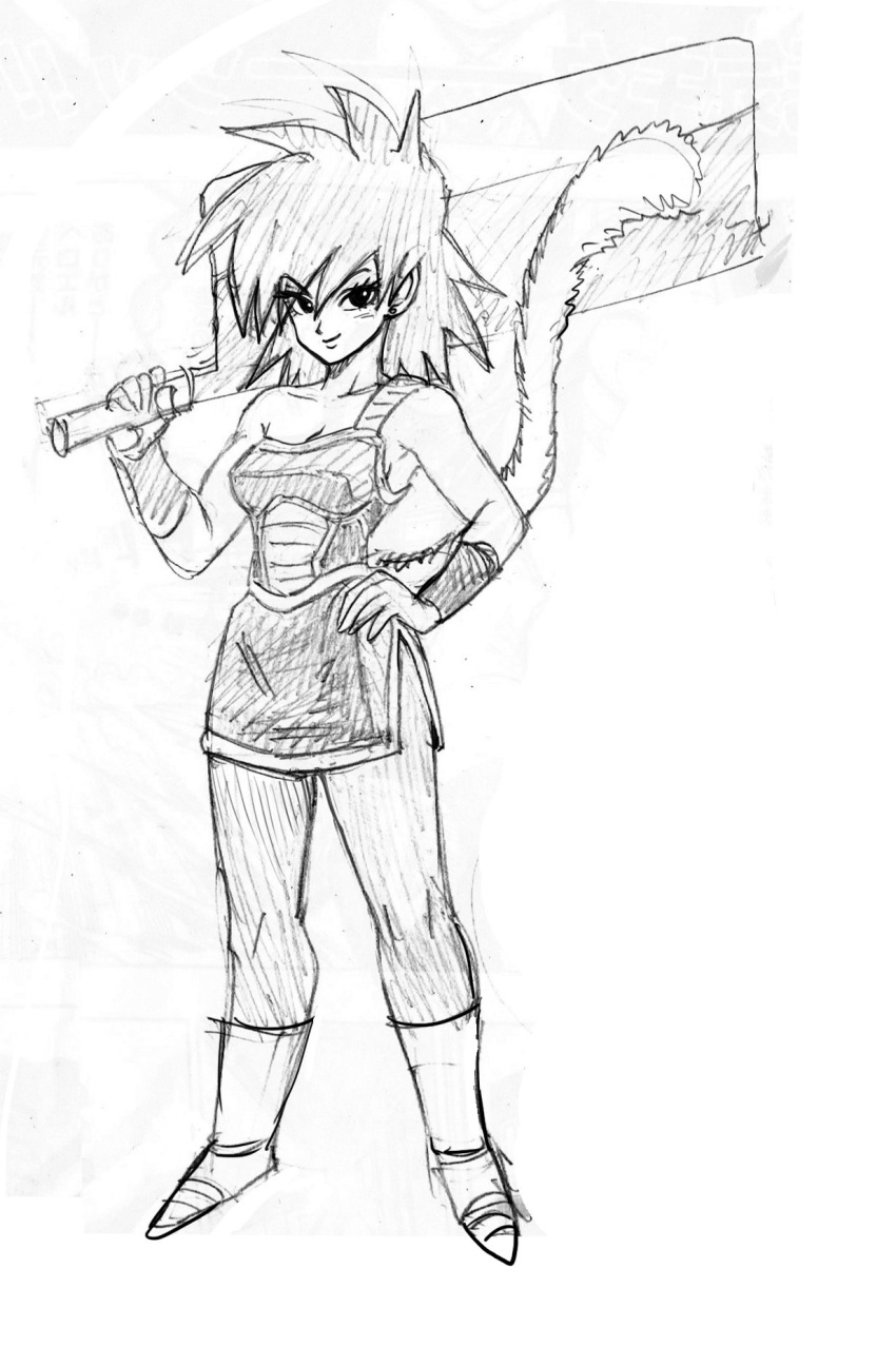 1girl alternate_costume armor black_eyes boots carrying carrying_over_shoulder commentary dragon_ball eyelashes full_body gine greyscale hand_on_hip highres knife looking_at_viewer monochrome murata_yuusuke short_hair simple_background skirt smile solo_focus spiky_hair tail white_background wristband