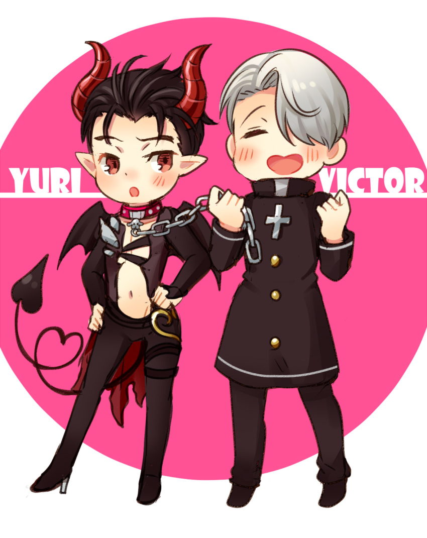 2boys ^_^ alternate_eye_color black_hair blush chains character_name clenched_hands closed_eyes collar demon_boy demon_horns demon_tail demon_wings hair_slicked_back hands_on_hips heart heart-shaped_mouth heart_tail high_heels highres horns katsuki_yuuri male_focus monsterification multiple_boys open_mouth pointy_ears priest red_eyes silver_hair smile tail twc_(p-towaco) viktor_nikiforov wings yuri!!!_on_ice