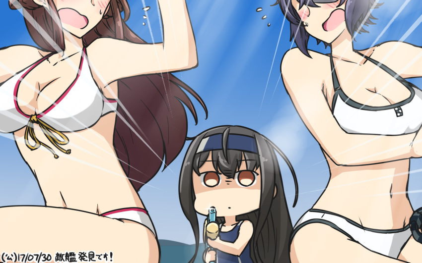 3girls bikini black_hair blush breasts brown_eyes brown_hair commentary cosplay dated emphasis_lines empty_eyes front-tie_bikini front-tie_top hamu_koutarou hatsushimo_(kantai_collection) headband highres kantai_collection kongou_(kantai_collection) long_hair medium_breasts multiple_girls navel one-piece_swimsuit out_of_frame purple_hair remodel_(kantai_collection) shaded_face short_hair swimsuit tenryuu_(kantai_collection) water_gun white_bikini yamato_(kantai_collection) yamato_(kantai_collection)_(cosplay)