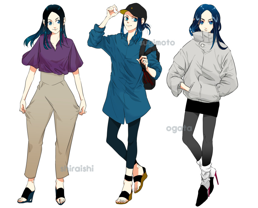 1girl 38_(hohei243) absurdres adjusting_clothes adjusting_hat alternate_costume asirpa backpack bag bangs barefoot_sandals baseball_cap black_legwear blouse blue_eyes blue_hair breasts collared_shirt contemporary full_body golden_kamuy hands_in_pockets hat high_heels highres jacket long_hair long_sleeves looking_at_viewer miniskirt multiple_views older pants pantyhose parted_bangs sandals shirt simple_background skirt sleeves_rolled_up small_breasts smile socks solo standing turtleneck white_background
