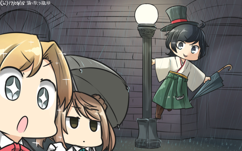 +_+ 3girls ahoge bangs black_hair blank_stare blue_eyes brick_wall brown_eyes brown_hair commentary dated double_bun hamu_koutarou hat highres holding holding_umbrella japanese_clothes jitome kantai_collection lamppost looking_at_another maikaze_(kantai_collection) matsukaze_(kantai_collection) meiji_schoolgirl_uniform michishio_(kantai_collection) mini_hat mini_top_hat multiple_girls open_mouth outdoors parody parted_bangs rain short_hair short_ponytail singin'_in_the_rain sparkling_eyes swept_bangs top_hat tsurime twintails umbrella wavy_hair