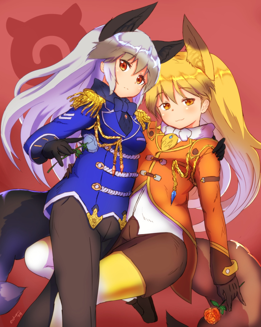 2girls :3 adapted_costume animal_ears blue_flower blue_rose bow bowtie coattails collared_shirt commentary_request epaulettes eyebrows_visible_through_hair ezo_red_fox_(kemono_friends) flower fox_ears fox_tail frills gloves grey_hair hand_on_another's_shoulder hand_on_another's_waist highres kemono_friends long_hair long_sleeves multicolored_hair multiple_girls necktie ooba_jun orange_hair pants pantyhose red_flower red_rose rose shirt silver_fox_(kemono_friends) silver_hair tail