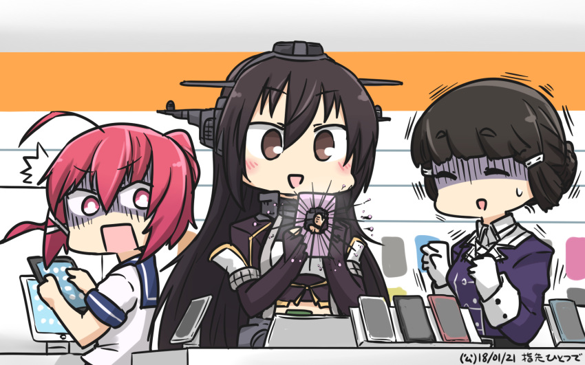 3girls black_gloves black_hair breaking brown_eyes cellphone closed_eyes commentary dated elbow_gloves fingerless_gloves gloves hair_bun hamu_koutarou headgear highres i-168_(kantai_collection) kantai_collection long_hair military military_uniform multiple_girls myoukou_(kantai_collection) nagato_(kantai_collection) phone ponytail red_eyes redhead remodel_(kantai_collection) school_uniform serafuku shaded_face short_hair smartphone tablet_pc uniform upper_body