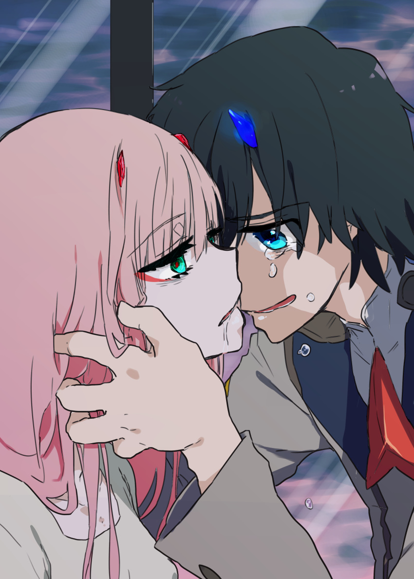 1boy 1girl absurdres bangs black_hair blue_eyes blue_horns commentary_request couple crying crying_with_eyes_open darling_in_the_franxx drooling eyebrows_visible_through_hair face-to-face facing_another forehead-to-forehead green_eyes hand_on_another's_face hetero highres hiro_(darling_in_the_franxx) horns long_hair long_sleeves looking_at_another military military_uniform necktie nightgown nikumanman oni_horns pink_hair red_horns red_neckwear saliva saliva_trail short_hair tears uniform zero_two_(darling_in_the_franxx)