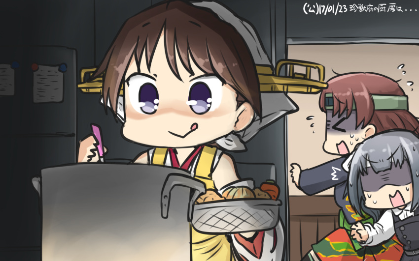 &gt;_&lt; /\/\/\ 3girls basket carrot chiyoda_(kantai_collection) closed_eyes commentary dated detached_sleeves dress flying_sweatdrops grey_hair hamu_koutarou head_scarf headgear hiei_(kantai_collection) highres kantai_collection kasumi_(kantai_collection) kitchen ladle licking_lips multiple_girls nontraditional_miko onion pinafore_dress pot remodel_(kantai_collection) ribbon-trimmed_sleeves ribbon_trim sleeveless sleeveless_dress sweat tongue tongue_out turn_pale