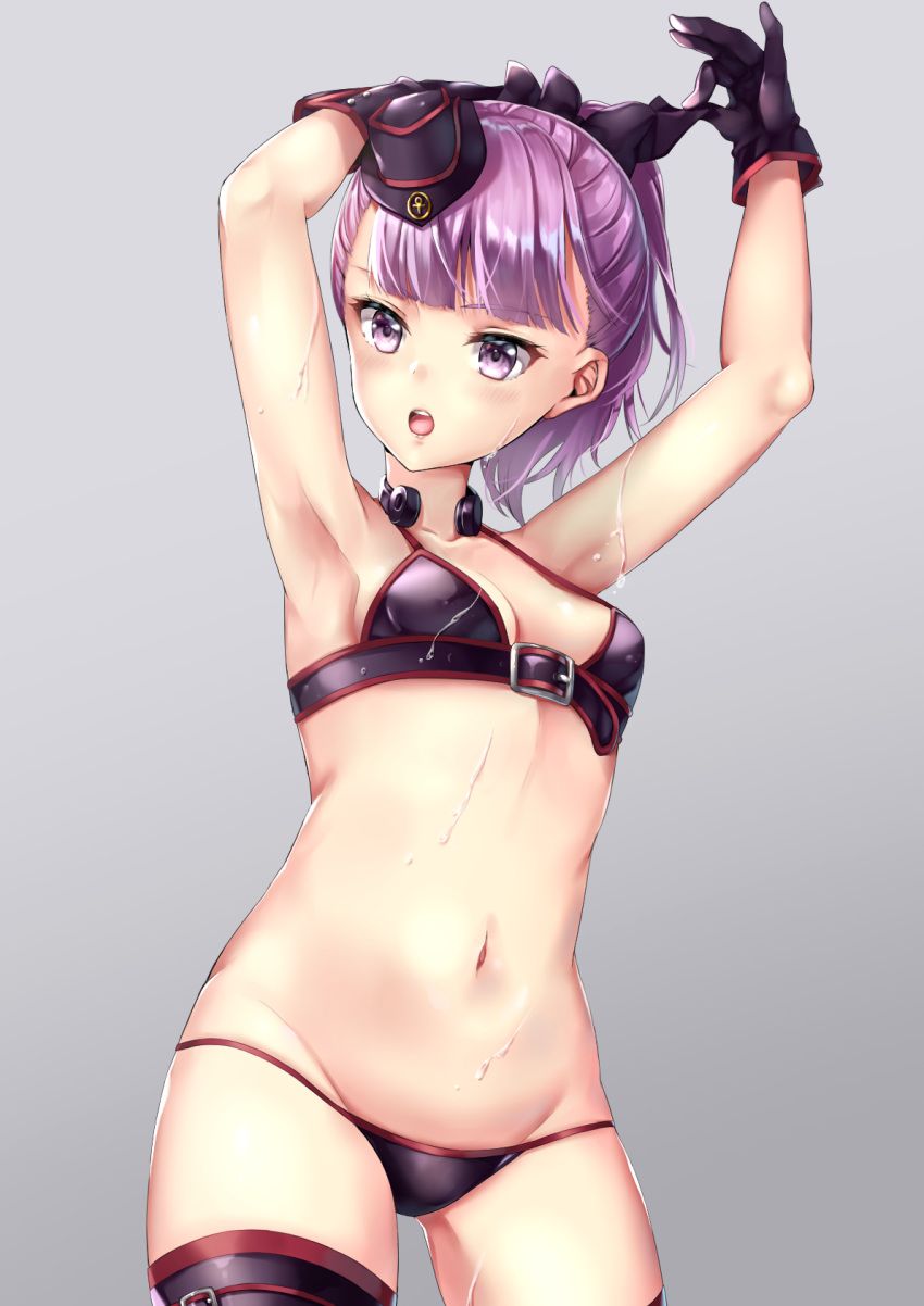 1girl adjusting_headwear armpits bangs bare_shoulders bikini blush breasts cleavage collarbone cowboy_shot eyebrows_visible_through_hair fate/grand_order fate_(series) gloves groin hane_yuki hat helena_blavatsky_(fate/grand_order) helena_blavatsky_(swimsuit_archer)_(fate) highres lips looking_at_viewer mini_hat navel open_mouth ponytail purple_bikini purple_gloves purple_hair purple_legwear short_hair short_ponytail small_breasts swimsuit thigh-highs thighs violet_eyes wet