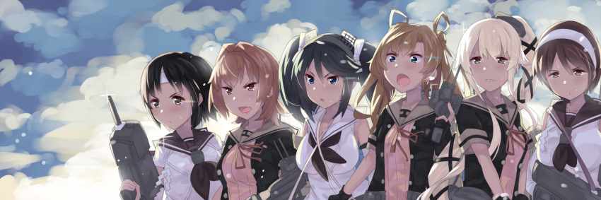 &gt;:( &gt;:o 6+girls abukuma_(kantai_collection) black_gloves black_hair black_jacket blonde_hair blue_eyes blue_hair breasts brown_eyes brown_hair brown_neckwear detached_sleeves double_bun gloves grey_sailor_collar grey_skirt hachimaki hair_between_eyes hair_flaps hair_ribbon hair_rings hairband headband holding holding_weapon isuzu_(kantai_collection) jacket kantai_collection kinu_(kantai_collection) large_breasts long_hair multiple_girls nagara_(kantai_collection) natori_(kantai_collection) neck_ribbon neckerchief one_side_up orange_eyes partly_fingerless_gloves pink_hair ponytail red_ribbon redhead remodel_(kantai_collection) ribbon sailor_collar school_uniform serafuku short_hair short_sleeves skirt tonari_no_kai_keruberosu twintails upper_body very_long_hair weapon white_hairband white_headband white_ribbon yura_(kantai_collection)