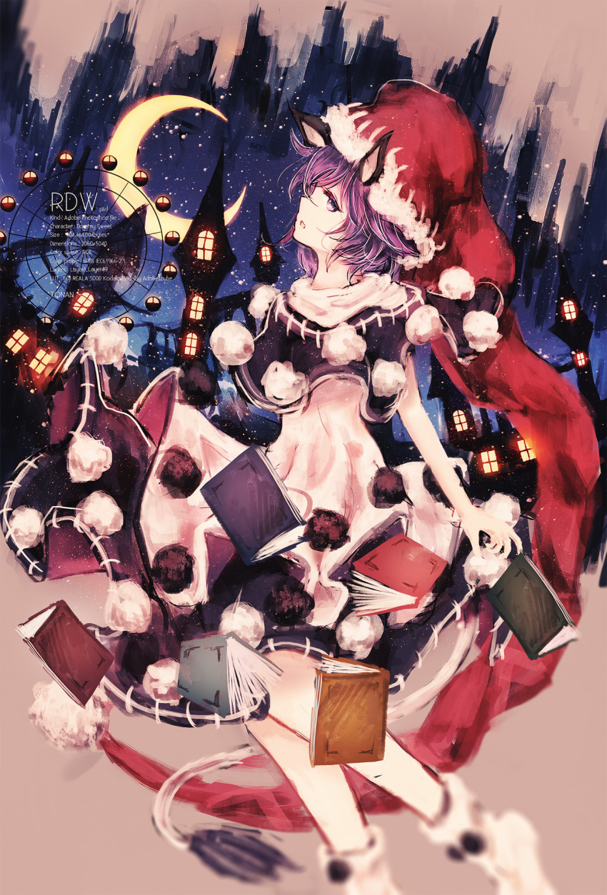 1girl animal_ears blue_eyes blue_hair capelet crescent_moon doremy_sweet dress hat highres looking_at_viewer moon nightcap open_mouth pom_pom_(clothes) short_hair solo tail tapir_ears tapir_tail tonan_(l0l0l0l0l0l) touhou