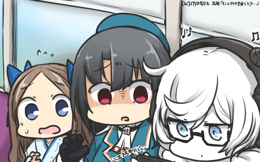 3girls asakaze_(kantai_collection) ascot beamed_eighth_notes beret black_gloves black_hair blue_eyes bow braid brown_hair cellphone check_commentary commentary_request dated eighth_note flying_sweatdrops glasses gloves hair_bow hakama hamu_koutarou hat headphones highres japanese_clothes kantai_collection long_hair meiji_schoolgirl_uniform military military_uniform multiple_girls musical_note phone red_eyes shaded_face shinkaisei-kan short_hair smartphone supply_depot_hime sweat takao_(kantai_collection) trembling uniform white_hair