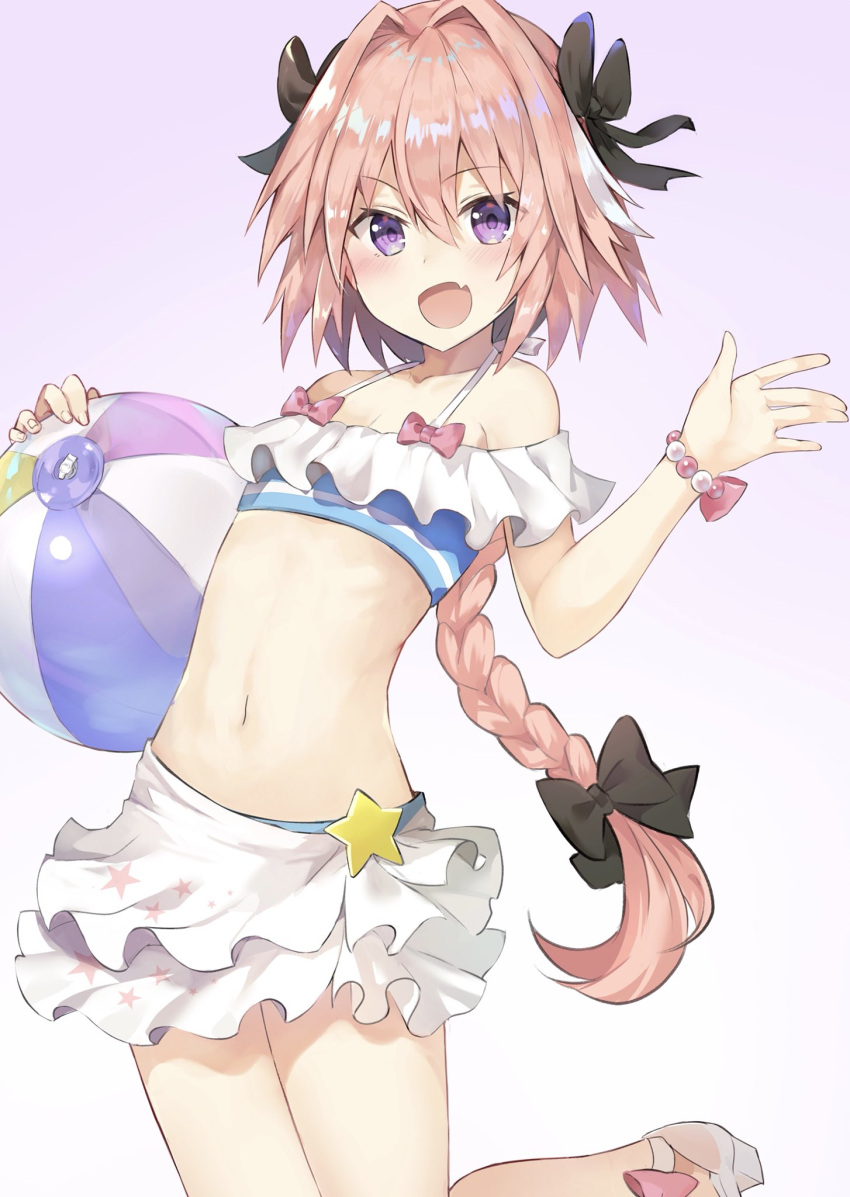 1boy astolfo_(fate) black_bow black_ribbon bow bracelet braid fang fate/apocrypha fate/grand_order fate_(series) frilled_swimsuit frills hair_intakes hair_ribbon highres jewelry kusumoto_touka long_braid multicolored_hair pink_hair ribbon single_braid streaked_hair swimsuit trap